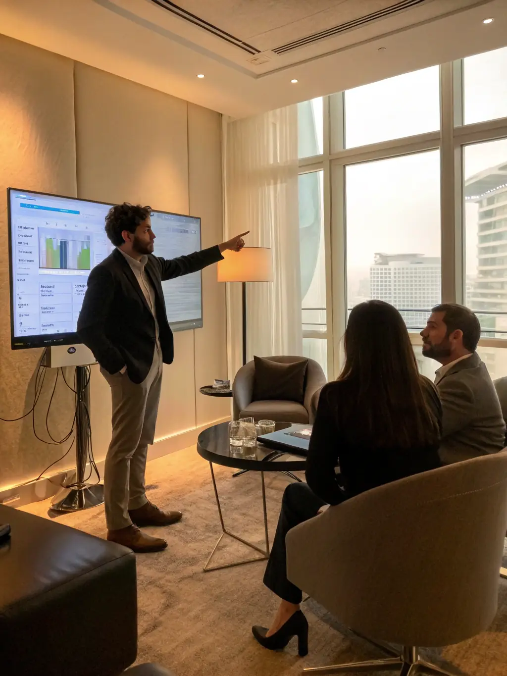 A professional consultant is presenting a data strategy roadmap to a client in a modern office setting, emphasizing key milestones and expected outcomes.