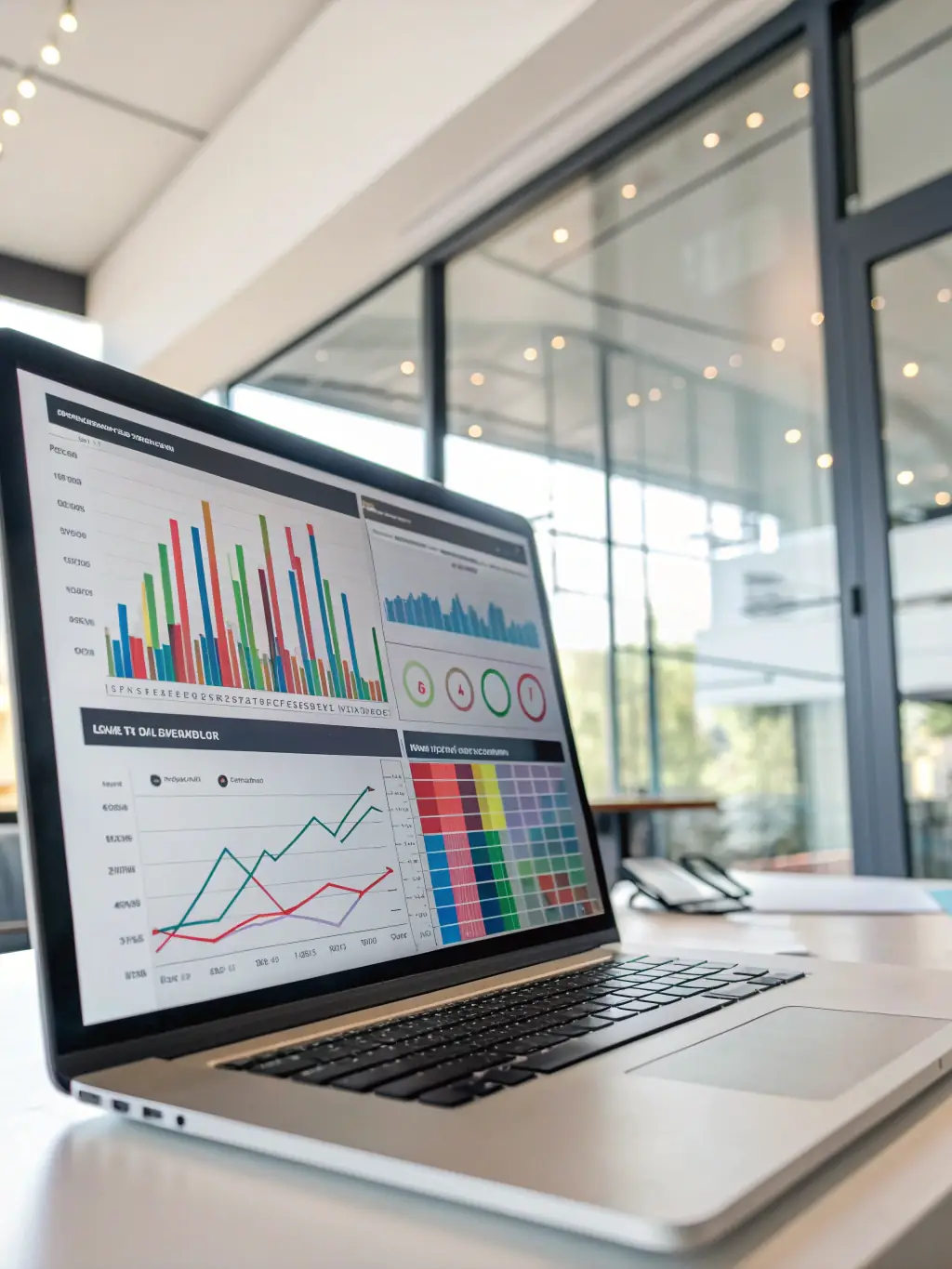 A dashboard displaying various data visualizations, including charts and graphs, highlighting key performance indicators (KPIs) and trends.