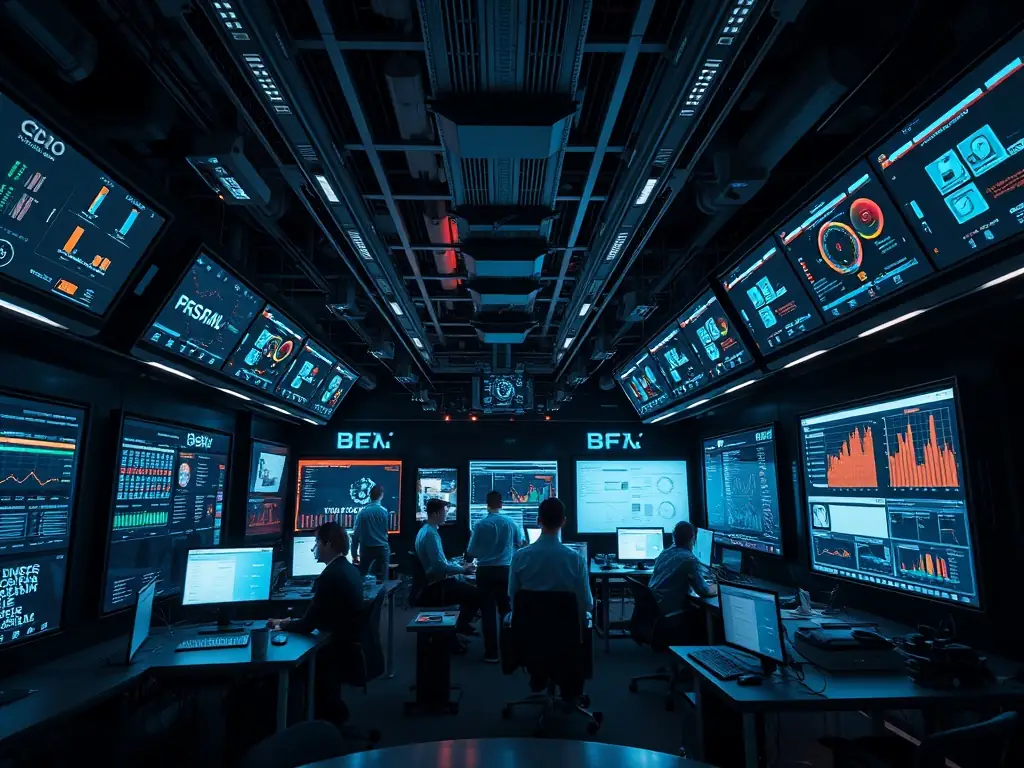 A modern office workspace with automated process flows displayed on screens, illustrating Aunory's workflow automation service.