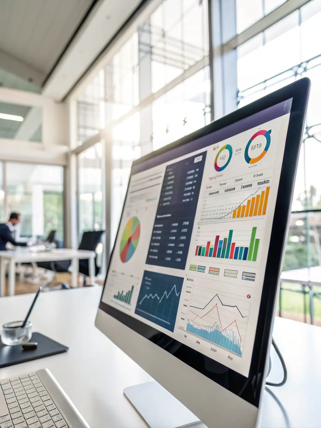A dashboard displaying real-time data analytics and key performance indicators (KPIs), representing the data integration and insights provided by Aunory.